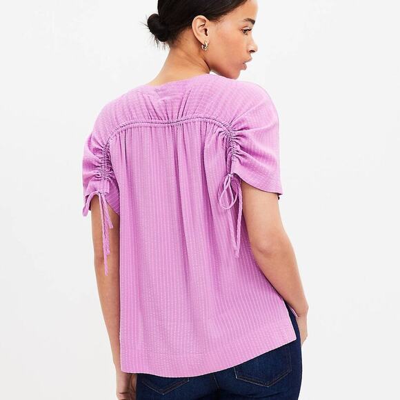 Loft Pink Seersucker Tie Back Yoke Top V-neck Cotton Blend Size Medium - Picture 2 of 7